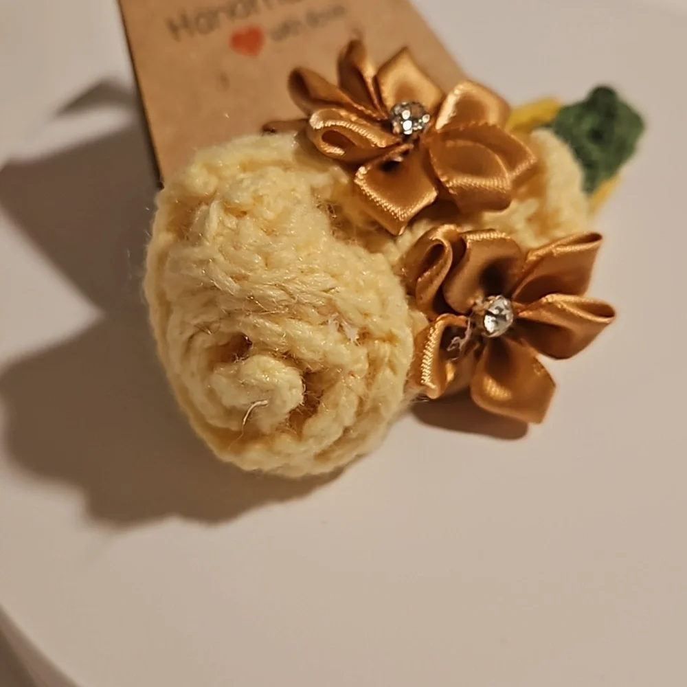 Hand Crafted Crochet hair accessory silver barrete 2- gold flowers handmade rose